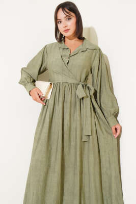 Gömlek Yaka Yandan Bağlamalı Elbise Haki - Tesettür Elbise