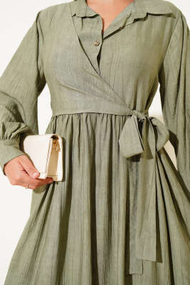 Gömlek Yaka Yandan Bağlamalı Elbise Haki - Tesettür Elbise