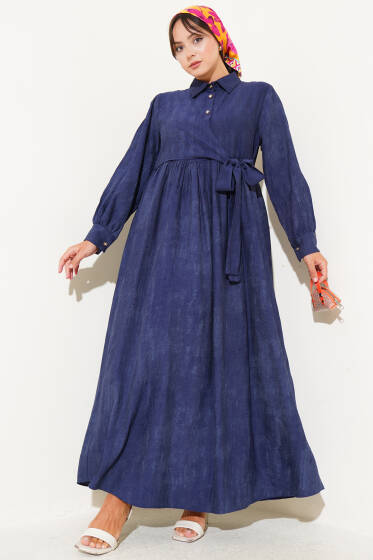 Gömlek Yaka Yandan Bağlamalı Elbise Lacivert - Elbise