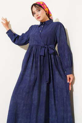 Gömlek Yaka Yandan Bağlamalı Elbise Lacivert - Tesettür Elbise