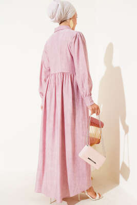 Gömlek Yaka Yandan Bağlamalı Elbise Pudra - Tesettür Elbise