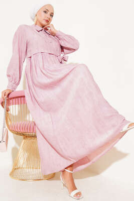 Gömlek Yaka Yandan Bağlamalı Elbise Pudra 