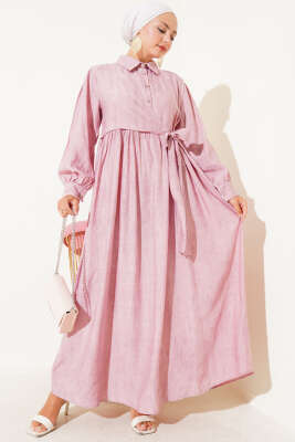 Gömlek Yaka Yandan Bağlamalı Elbise Pudra - Tesettür Elbise