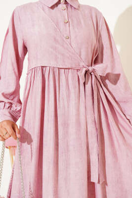 Gömlek Yaka Yandan Bağlamalı Elbise Pudra - Tesettür Elbise