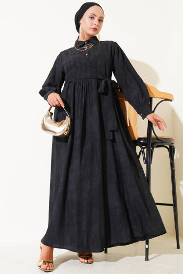Gömlek Yaka Yandan Bağlamalı Elbise Siyah - Elbise