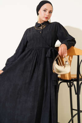 Gömlek Yaka Yandan Bağlamalı Elbise Siyah - Tesettür Elbise