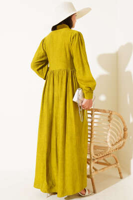 Gömlek Yaka Yandan Bağlamalı Elbise Yağ Yeşili - Tesettür Elbise