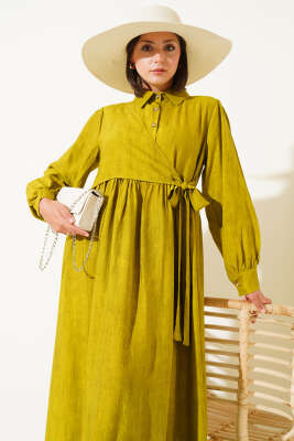 Gömlek Yaka Yandan Bağlamalı Elbise Yağ Yeşili - Tesettür Elbise