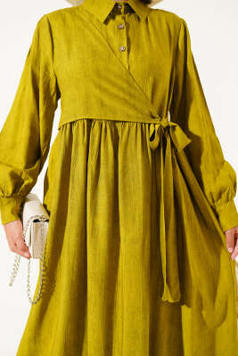 Gömlek Yaka Yandan Bağlamalı Elbise Yağ Yeşili - Tesettür Elbise