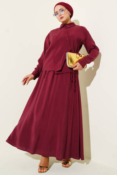 Gömlek Yaka Yandan Bağlamalı Etekli İkili Takım Bordo - İkili Takım