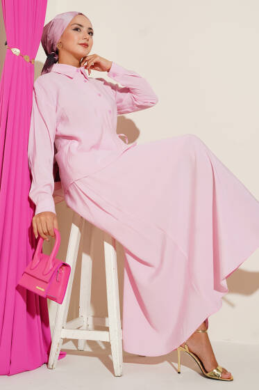 Gömlek Yaka Yandan Bağlamalı Etekli İkili Takım Pembe - İkili Takım