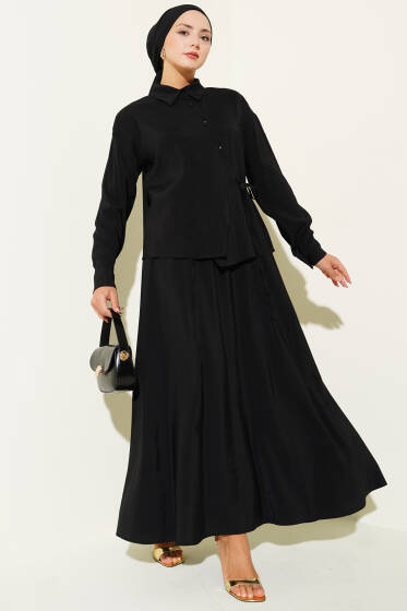 Gömlek Yaka Yandan Bağlamalı Etekli İkili Takım Siyah - İkili Takım
