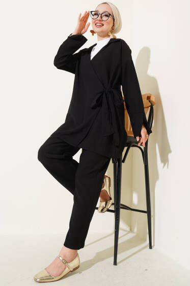 Gömlek Yaka Yandan Bağlamalı İkili Takım Siyah - İkili Takım