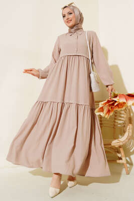 Gömlek Yaka Yarım Düğmeli Elbise Bej 