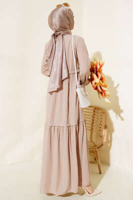 Gömlek Yaka Yarım Düğmeli Elbise Bej - Tesettür Elbise