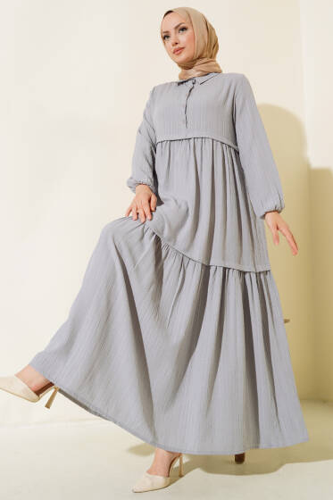 Gömlek Yaka Yarım Düğmeli Elbise Gri - Elbise