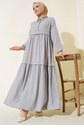 Gömlek Yaka Yarım Düğmeli Elbise Gri - Elbise