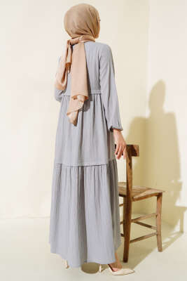 Gömlek Yaka Yarım Düğmeli Elbise Gri - Tesettür Elbise