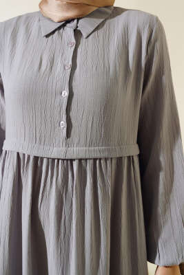 Gömlek Yaka Yarım Düğmeli Elbise Gri - Tesettür Elbise