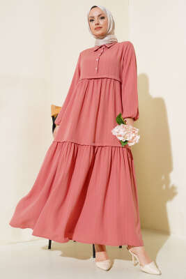 Gömlek Yaka Yarım Düğmeli Elbise Gül Kurusu - Tesettür Elbise