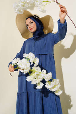 Gömlek Yaka Yarım Düğmeli Elbise İndigo - Tesettür Elbise