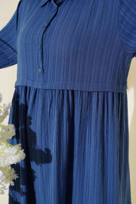 Gömlek Yaka Yarım Düğmeli Elbise İndigo - Tesettür Elbise