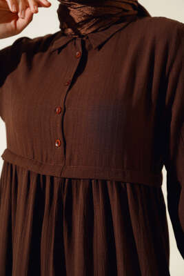 Gömlek Yaka Yarım Düğmeli Elbise Kahve - Elbise