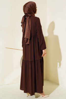 Gömlek Yaka Yarım Düğmeli Elbise Kahve - Tesettür Elbise