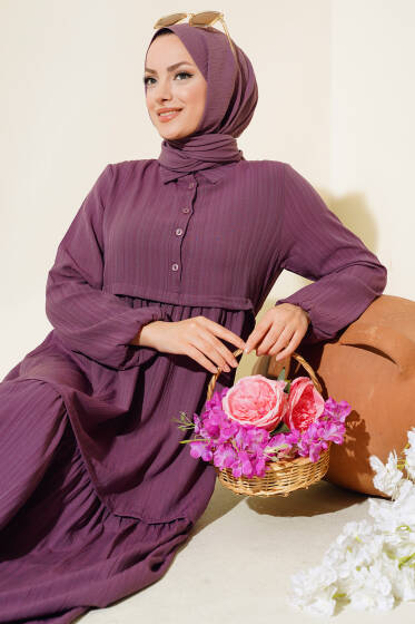 Gömlek Yaka Yarım Düğmeli Elbise Mürdüm - Elbise