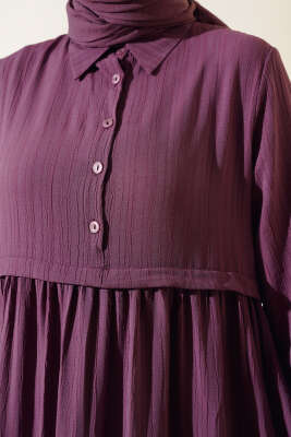 Gömlek Yaka Yarım Düğmeli Elbise Mürdüm - Tesettür Elbise