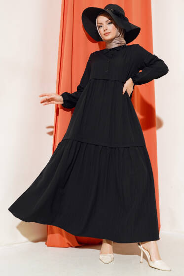 Gömlek Yaka Yarım Düğmeli Elbise Siyah - Elbise