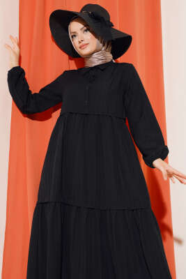 Gömlek Yaka Yarım Düğmeli Elbise Siyah - Elbise