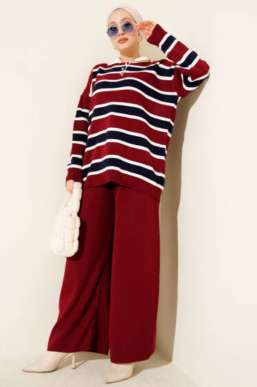 Gömlek Yaka Yatay Çizgili Triko İkili Takım Bordo - İkili Takım