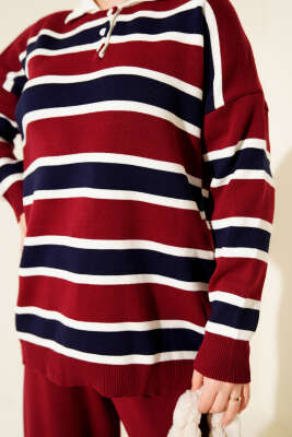 Gömlek Yaka Yatay Çizgili Triko İkili Takım Bordo - İkili Takım