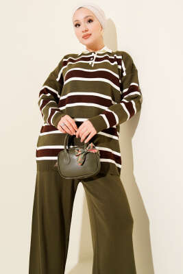 Gömlek Yaka Yatay Çizgili Triko İkili Takım Haki - İkili Takım