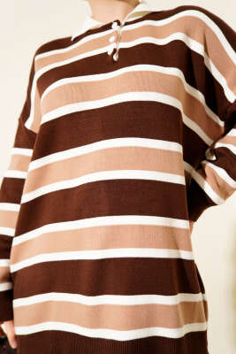 Gömlek Yaka Yatay Çizgili Triko İkili Takım Kahve - İkili Takım