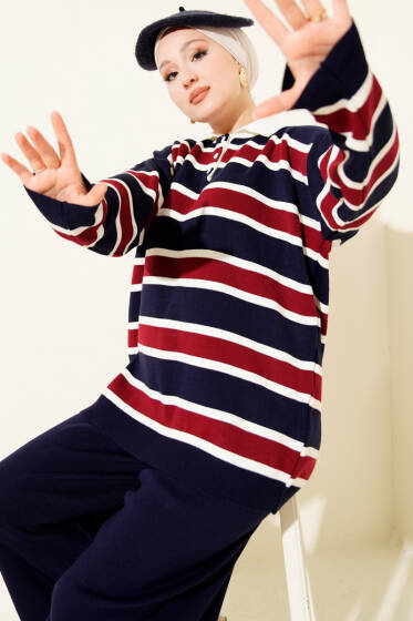 Gömlek Yaka Yatay Çizgili Triko İkili Takım Lacivert - İkili Takım