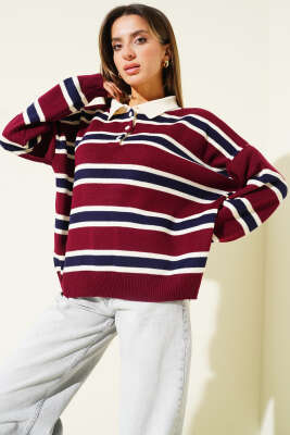 Gömlek Yaka Yatay Çizgili Triko Kazak Bordo - VANİZA TRİKO