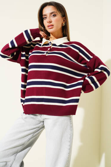 Gömlek Yaka Yatay Çizgili Triko Kazak Bordo - Kadın Giyim Modelleri