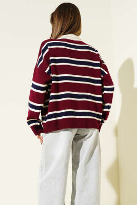 Gömlek Yaka Yatay Çizgili Triko Kazak Bordo - Kadın Giyim Modelleri