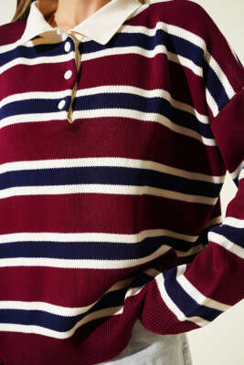 Gömlek Yaka Yatay Çizgili Triko Kazak Bordo - Kadın Giyim Modelleri