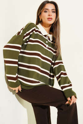 Gömlek Yaka Yatay Çizgili Triko Kazak Haki - VANİZA TRİKO