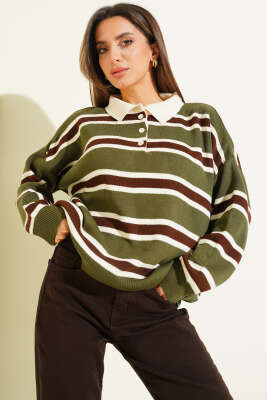 Gömlek Yaka Yatay Çizgili Triko Kazak Haki - Kadın Giyim Modelleri
