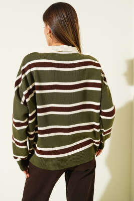 Gömlek Yaka Yatay Çizgili Triko Kazak Haki - Kadın Giyim Modelleri