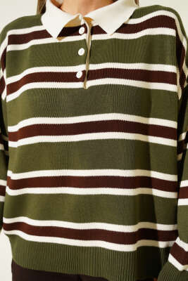 Gömlek Yaka Yatay Çizgili Triko Kazak Haki - Kadın Giyim Modelleri