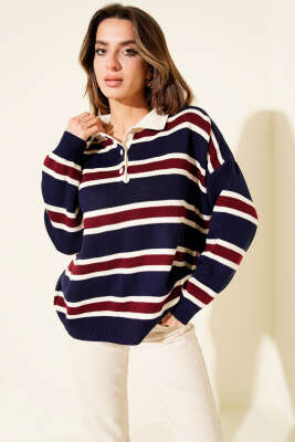 Gömlek Yaka Yatay Çizgili Triko Kazak Lacivert 