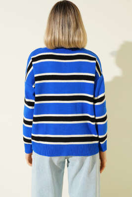 Gömlek Yaka Yatay Çizgili Triko Kazak Saks - Kadın Giyim Modelleri