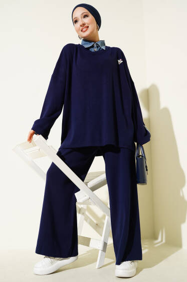 Gömlek Yakalı Armalı Triko İkili Takım Lacivert - İkili Takım