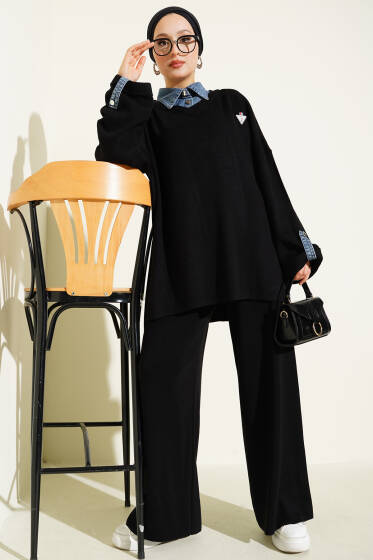 Gömlek Yakalı Armalı Triko İkili Takım Siyah - İkili Takım