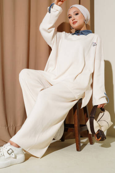 Gömlek Yakalı Armalı Triko İkili Takım Taş - İkili Takım